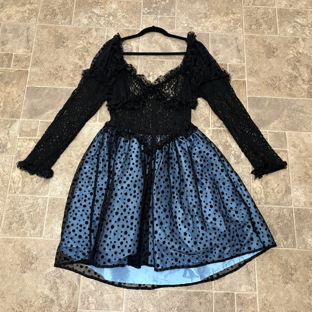 Batsheva Sabrina Lace Taffeta Minidress 6 Black Blue Gothic Pinup Polka Dot EUC